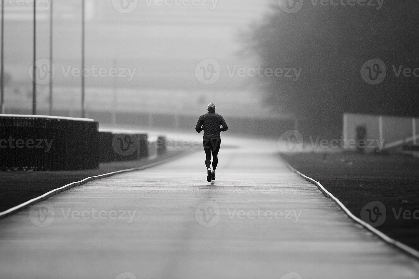 A man is running down a road in the rain photo