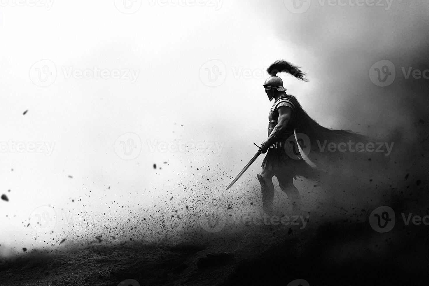 A man in a spartan costume is walking through a cloud of smoke photo
