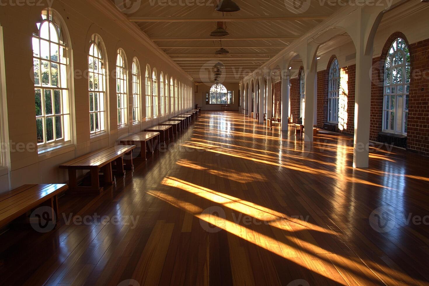 A long hallway with benches and windows photo