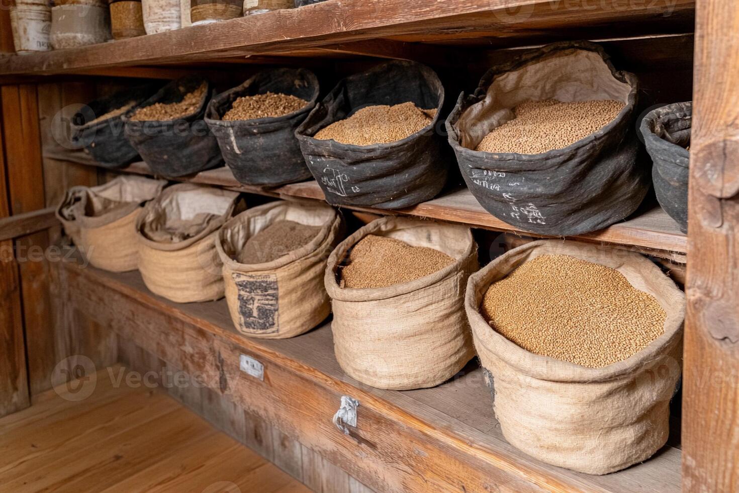 Sacks of grain in a wooden shelf in a store photo