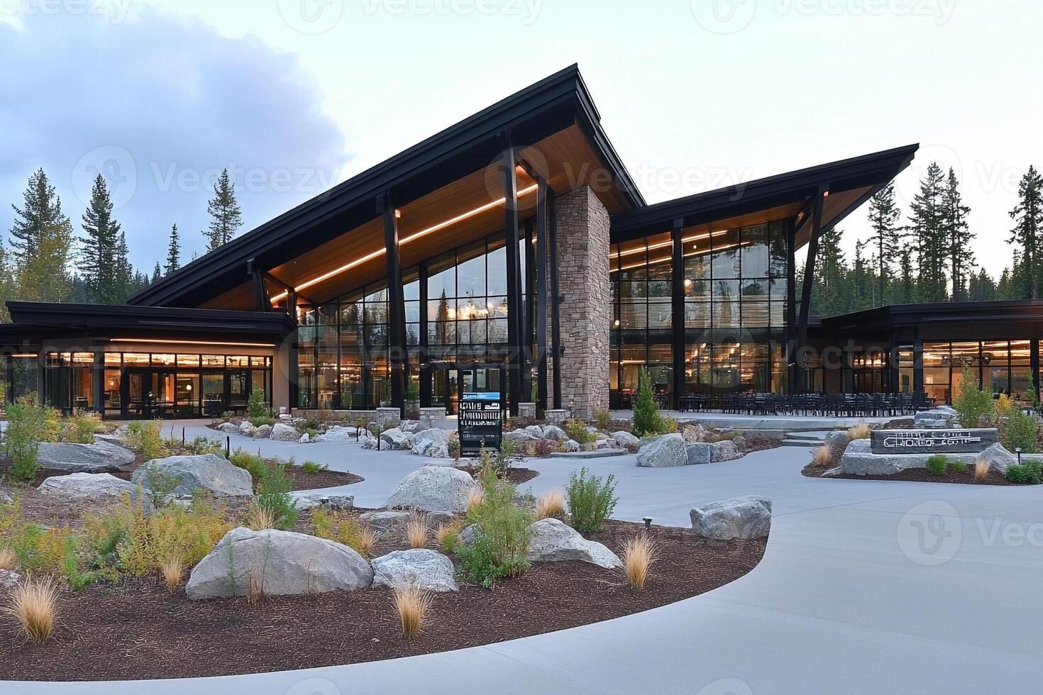 The exterior of the lodge at the base of a mountain photo