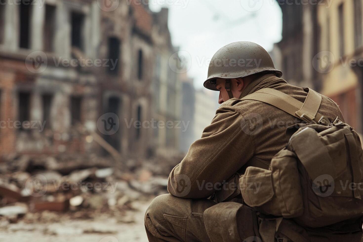 A soldier sitting on the ground in front of a destroyed building photo