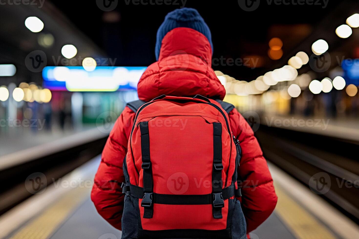 A person with a red backpack standing at a train station photo