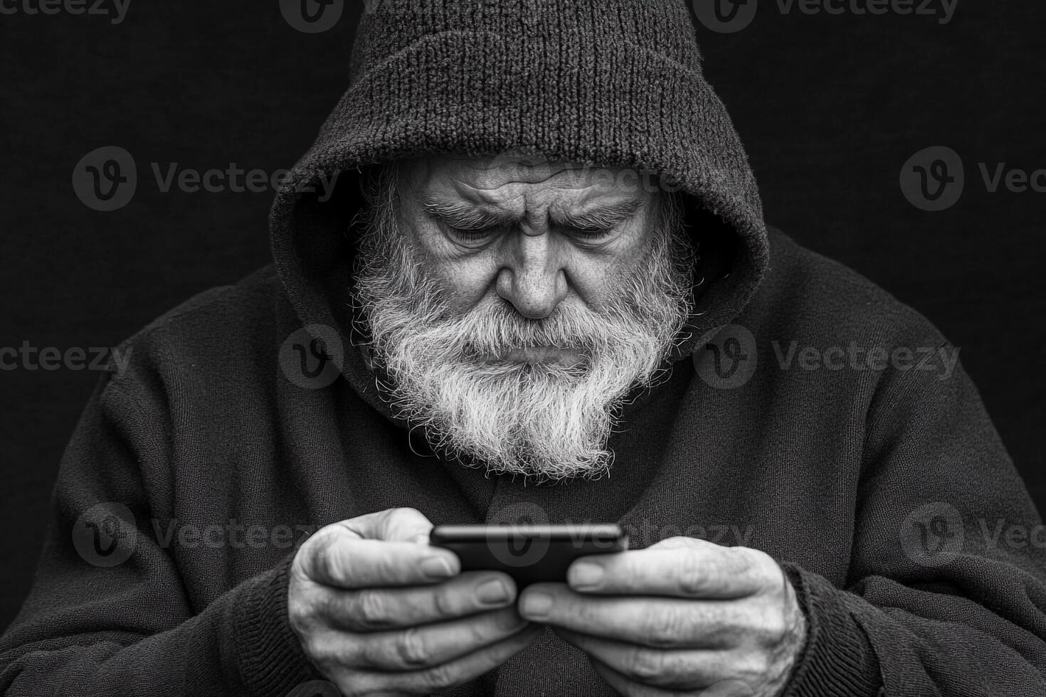 An old man in a hoodie is using his phone photo