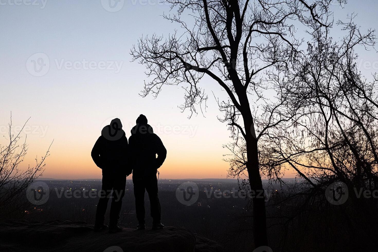 Two people standing on top of a hill at sunset photo