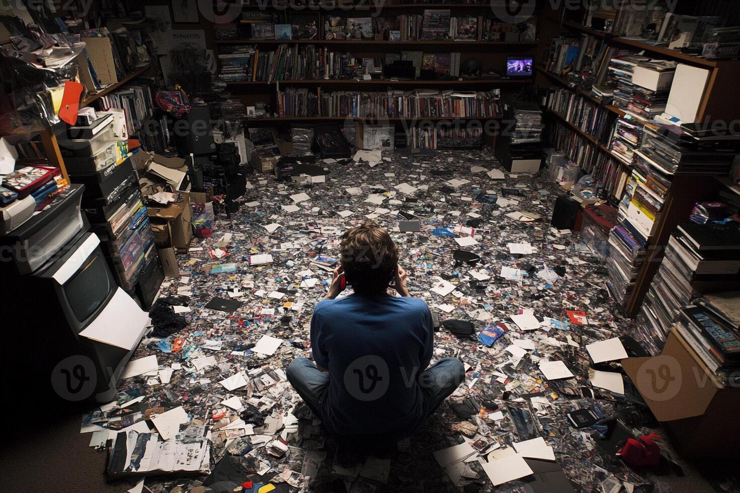 A man sitting on the floor surrounded by a pile of electronics photo