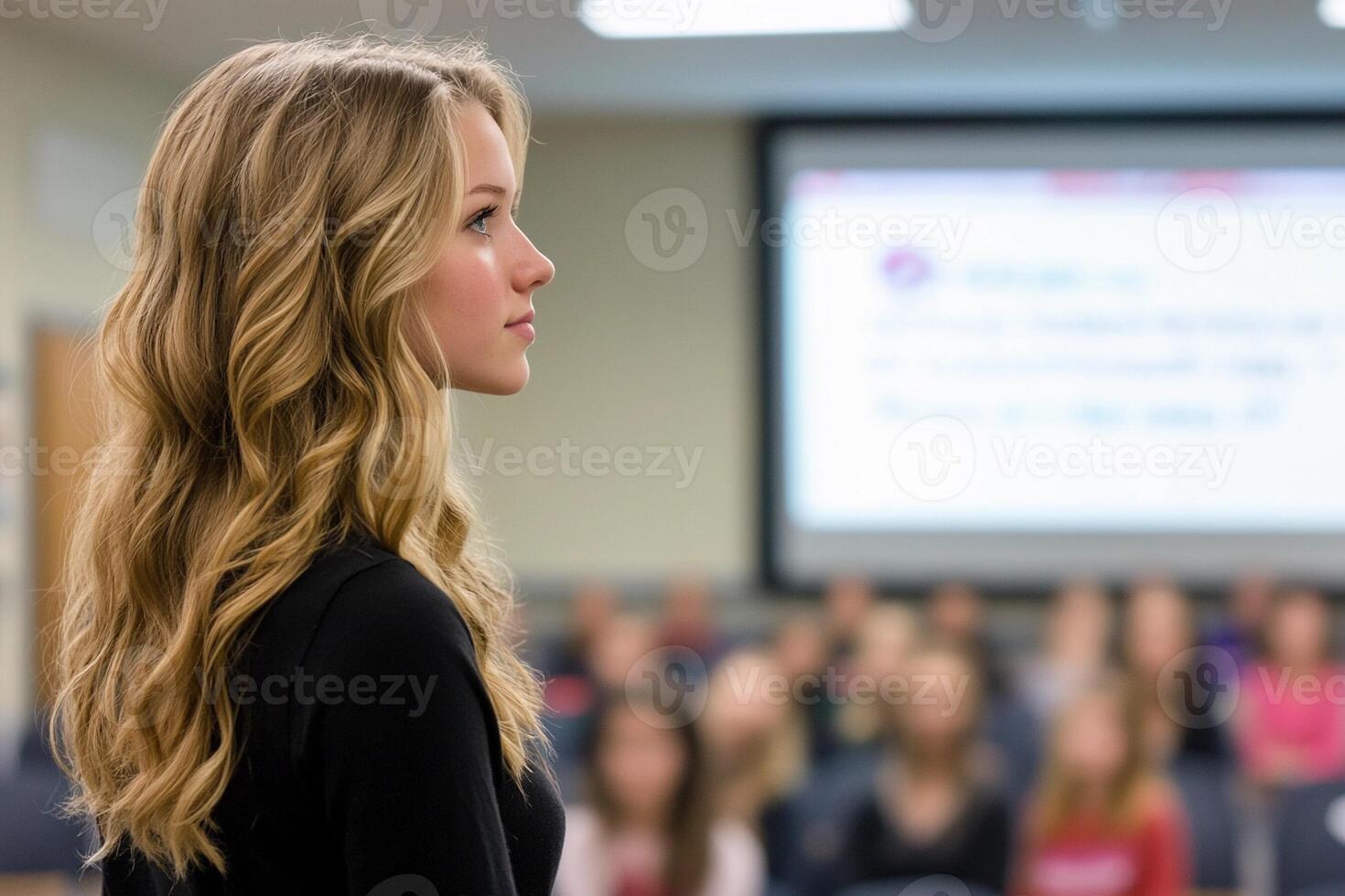 A woman standing in front of a classroom with a presentation photo