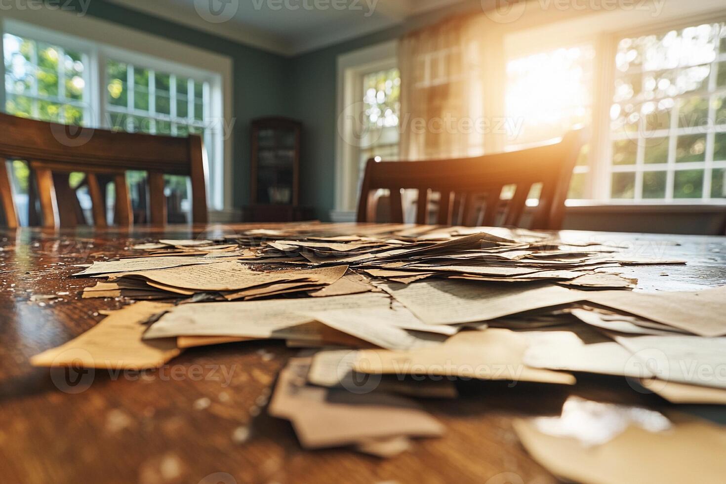 A table with papers scattered on it photo