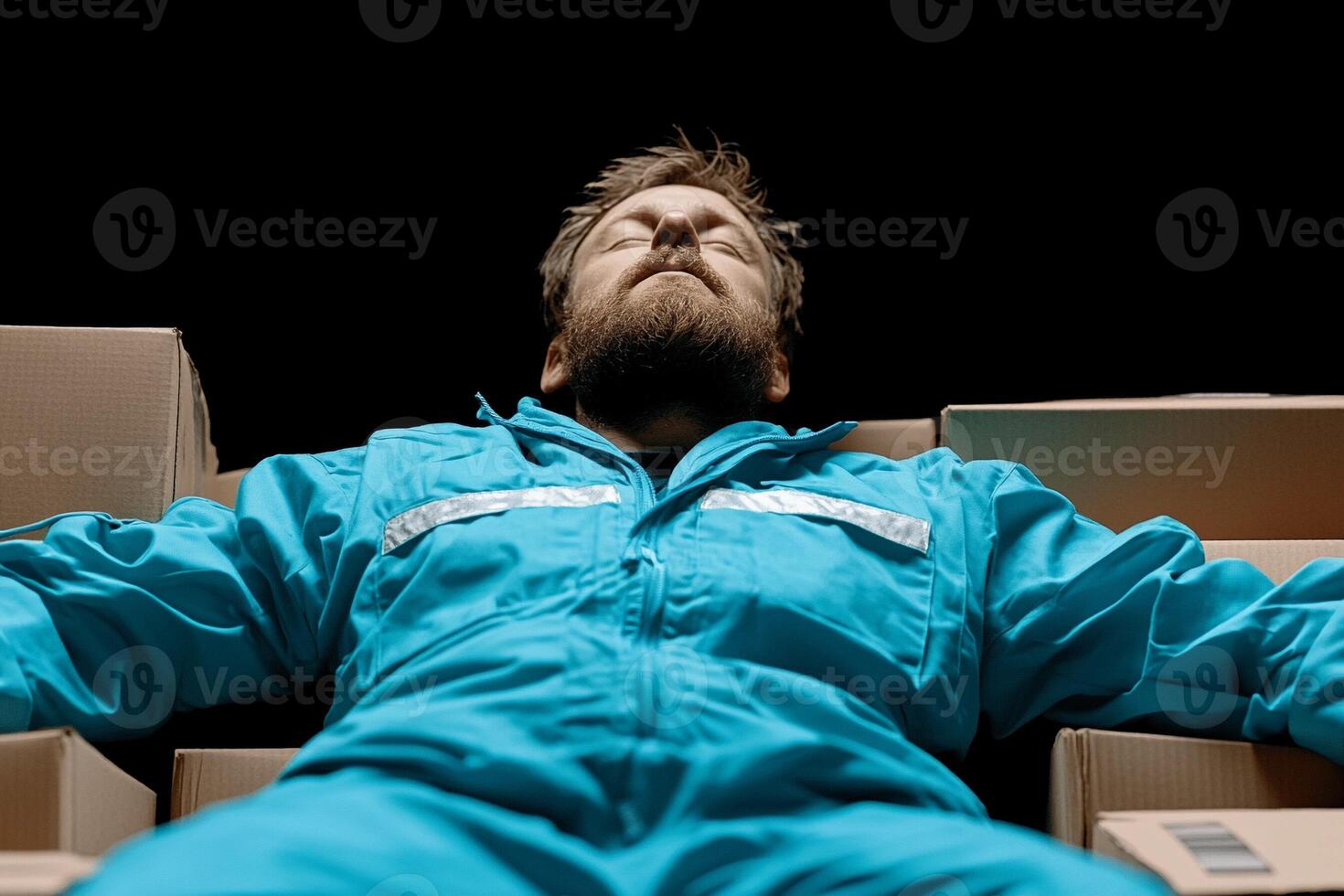 A man in a blue jumpsuit laying on top of boxes photo
