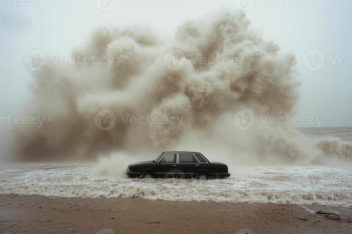 A car is sitting in the water next to a large wave photo