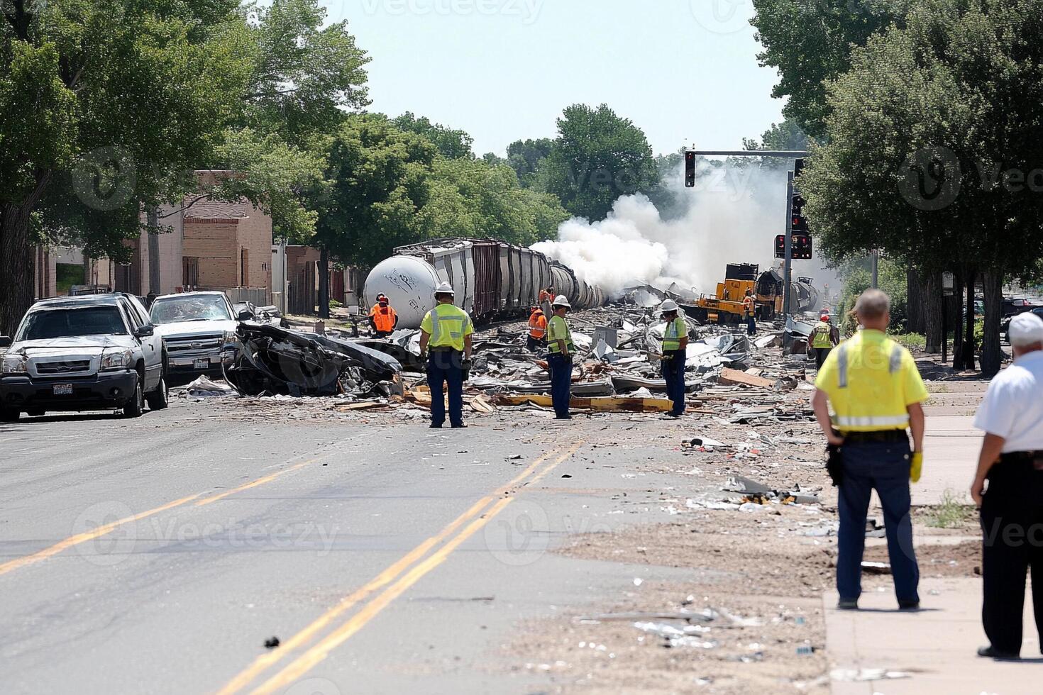 A group of men standing on a street looking at a train wreck photo