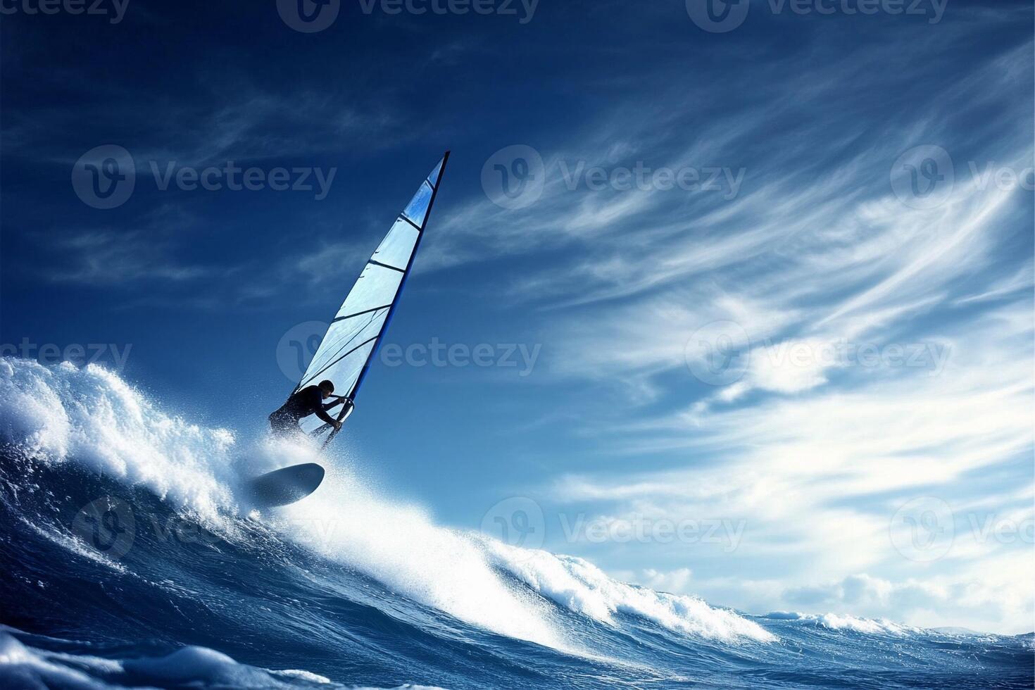A man windsurfing on a large wave photo