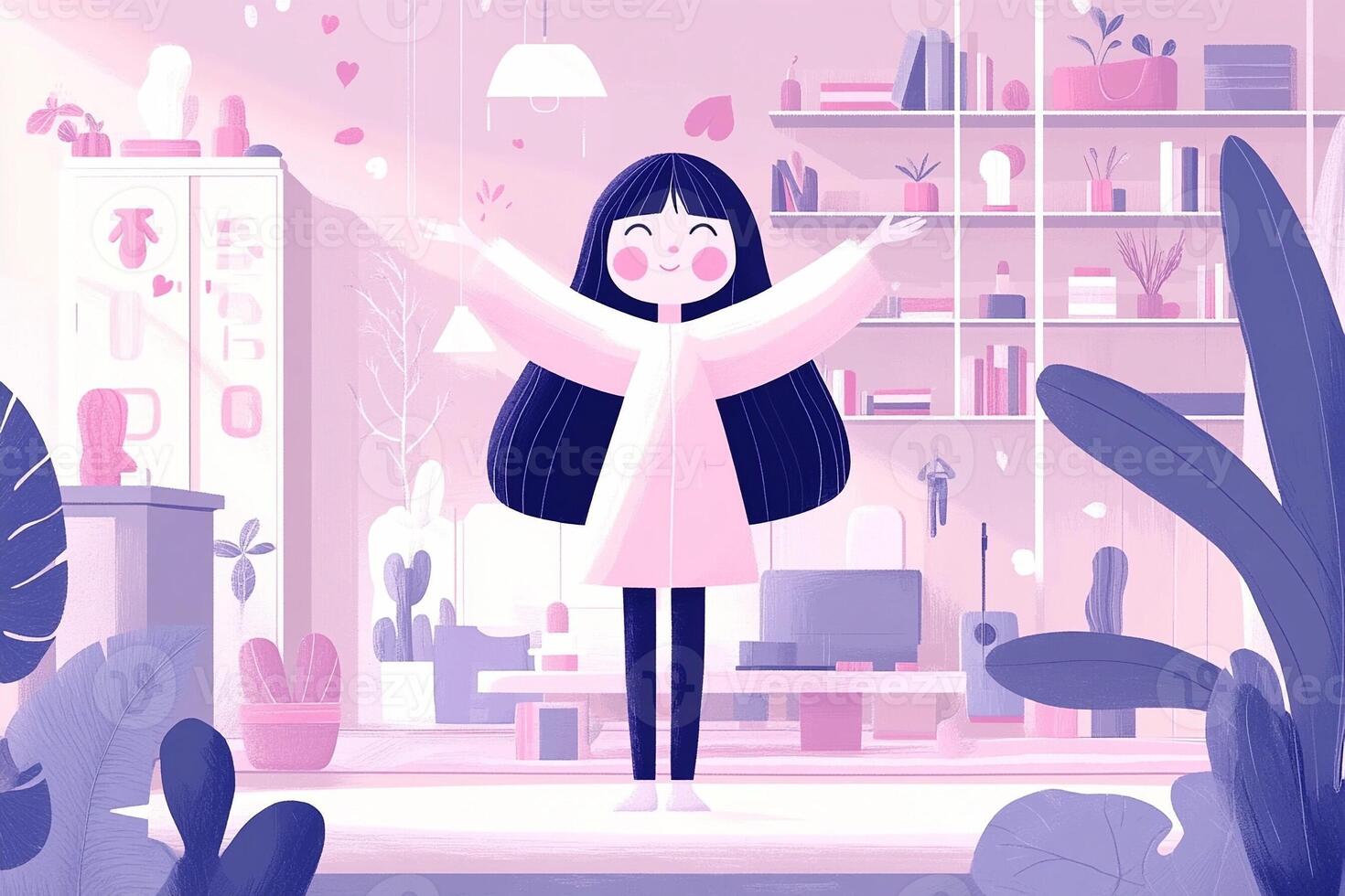 A girl is standing in front of a pink room photo