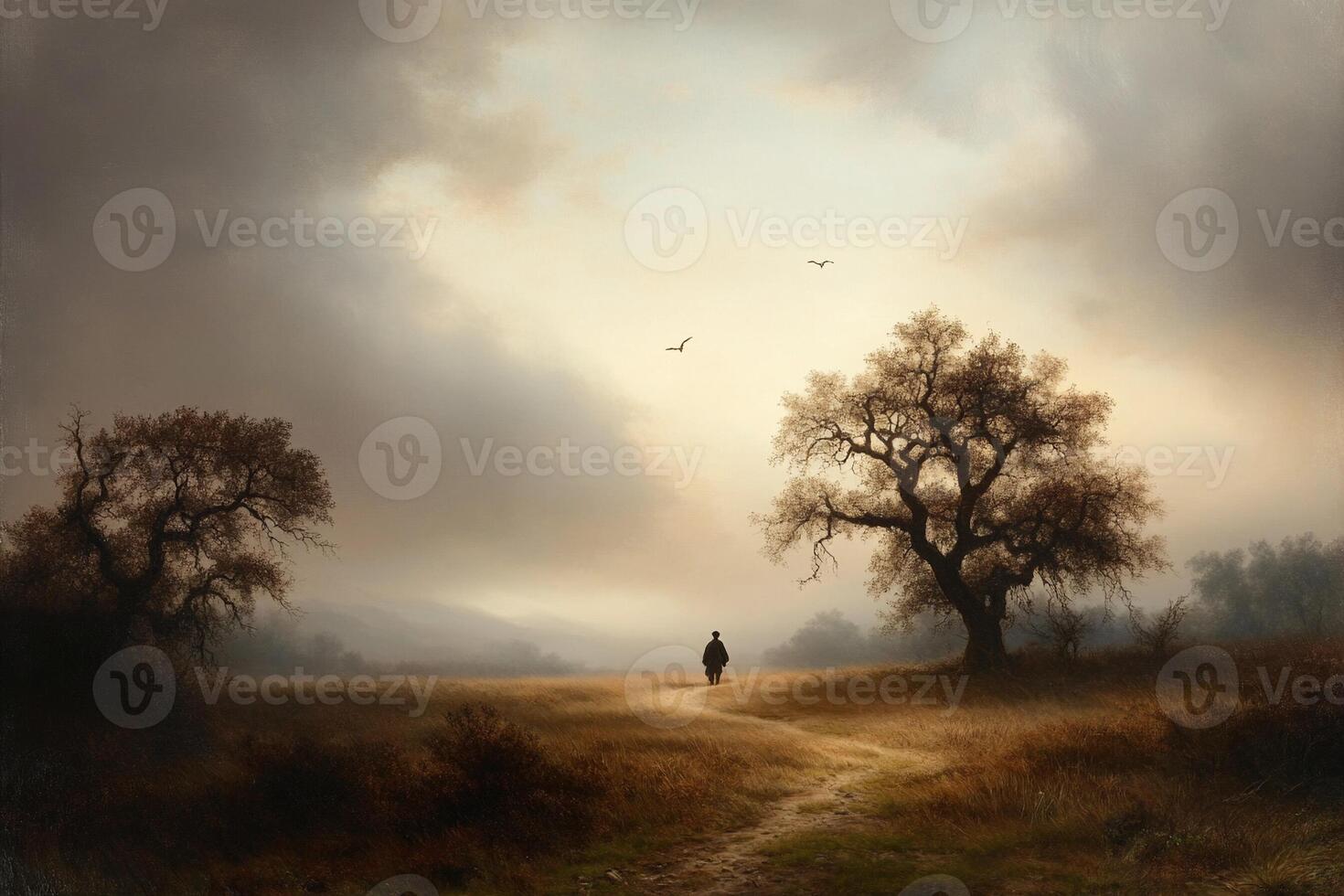A painting of a man walking down a dirt road photo