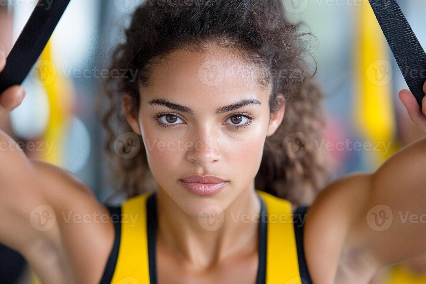 A woman is doing pull ups with a yellow and black strap photo