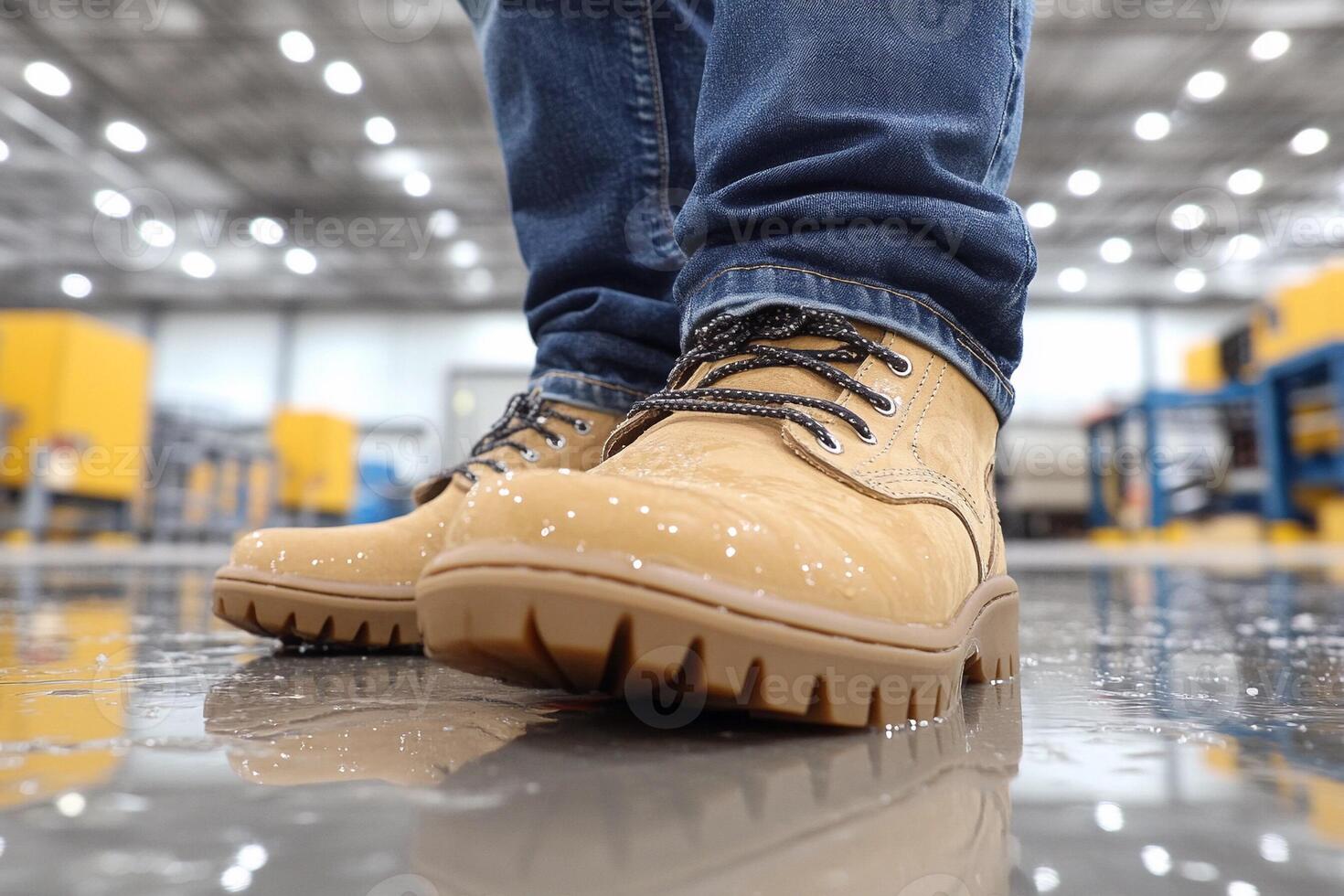 A person wearing a pair of brown boots on a wet floor photo