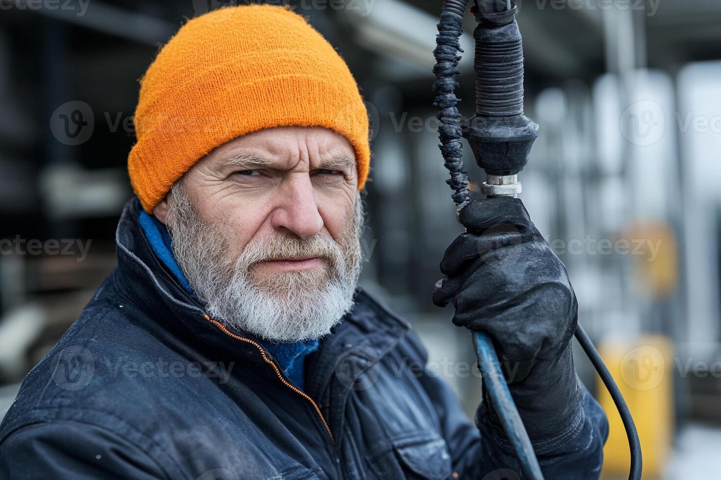 A man in a winter hat and gloves holding a hose photo