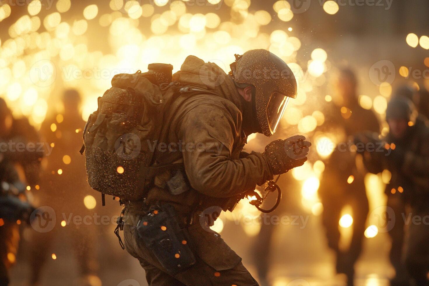 A soldier in a military uniform is walking through a crowd of people photo