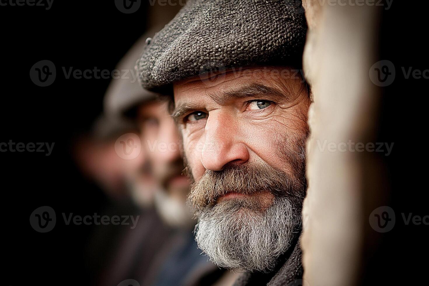 A man with a beard and hat looks out the window photo