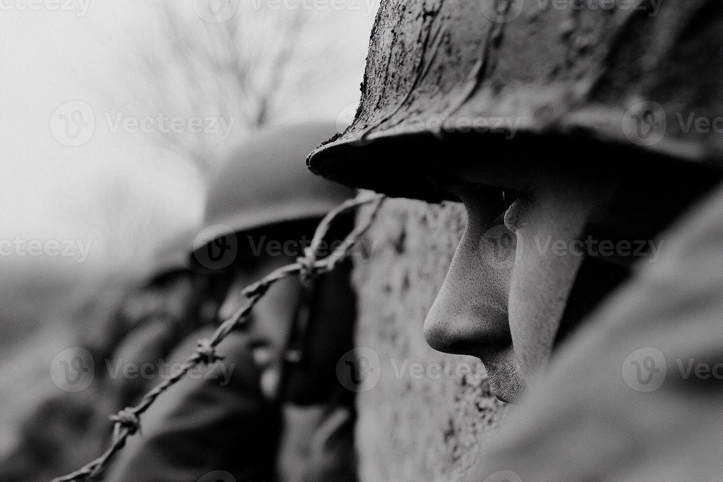 A soldier looks out over the wall of a trench photo