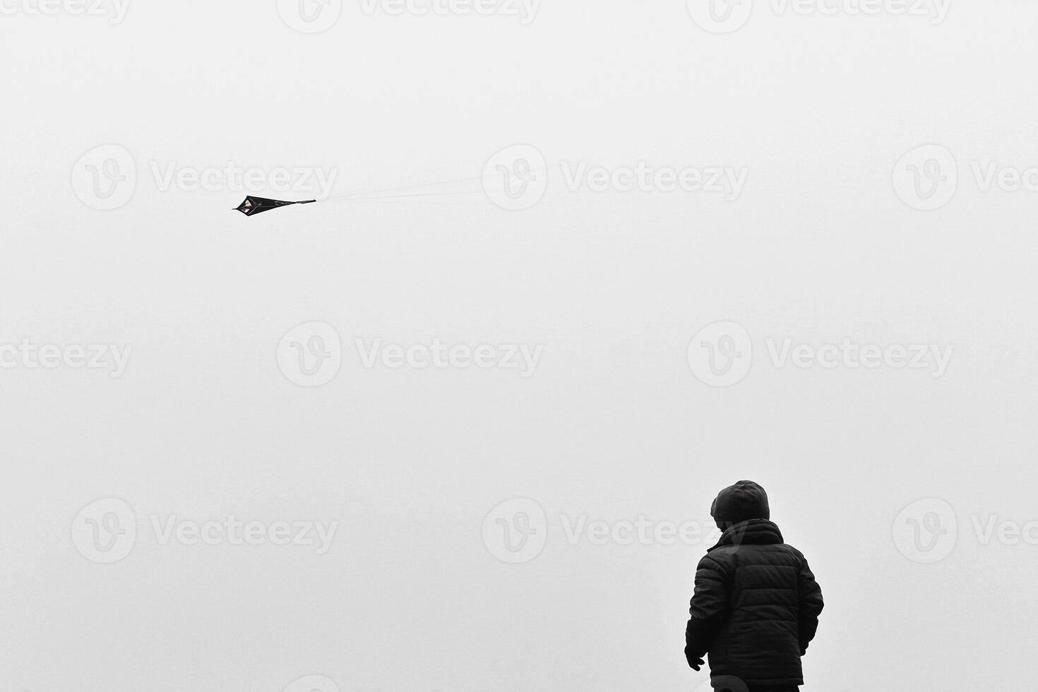 A person standing on a hill looking at a kite photo