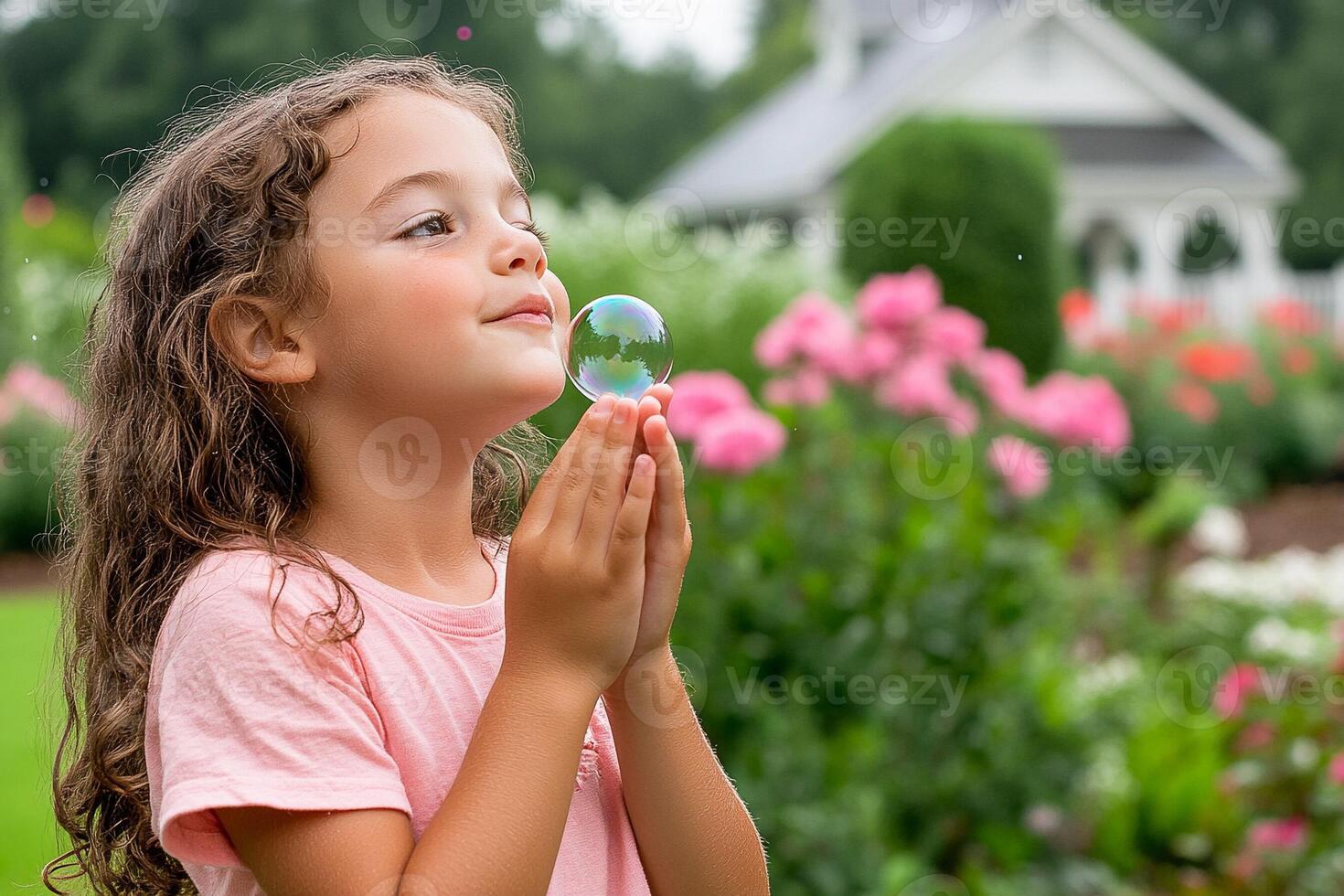 A young girl blowing bubbles in a garden photo