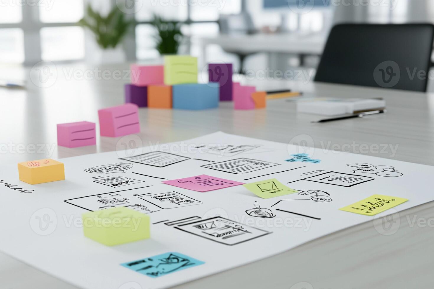 A white table with a whiteboard and a bunch of sticky notes photo