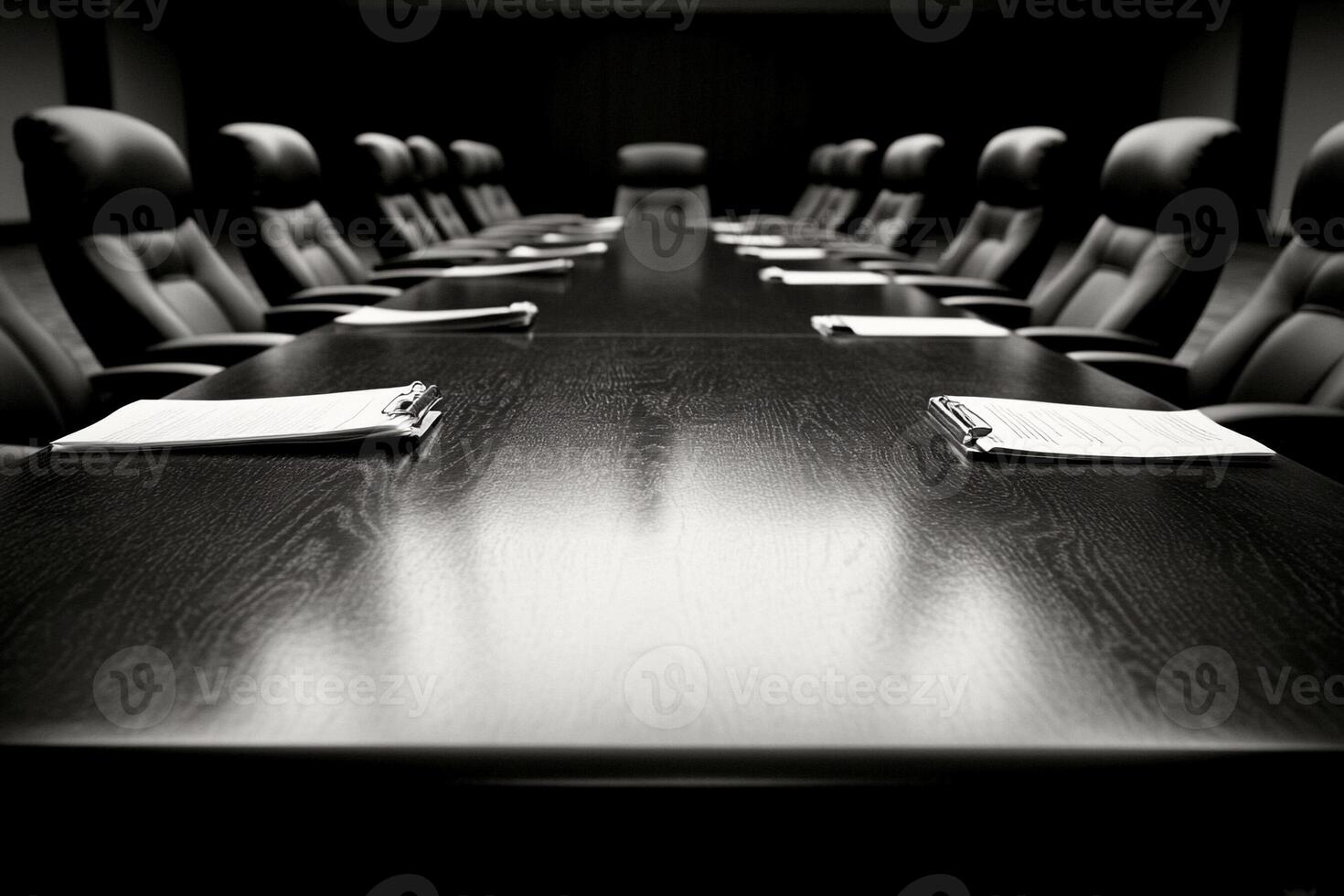 A black and white photo of a conference table