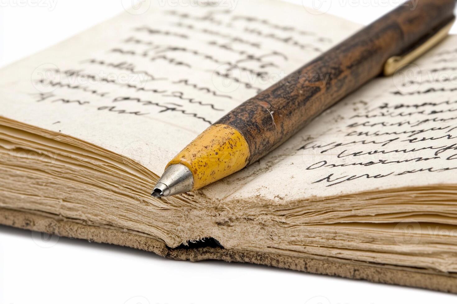 A pen is resting on an open book with a handwritten note photo