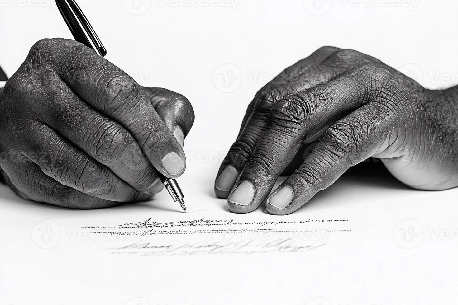 Two hands signing a document with a pen photo