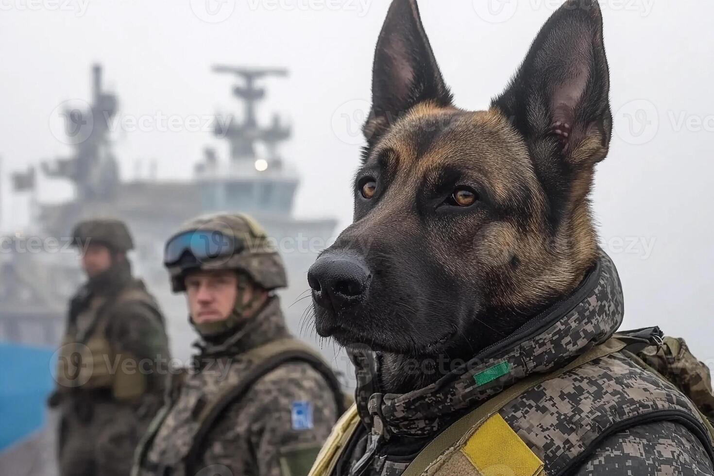 A dog in military gear stands next to soldiers photo