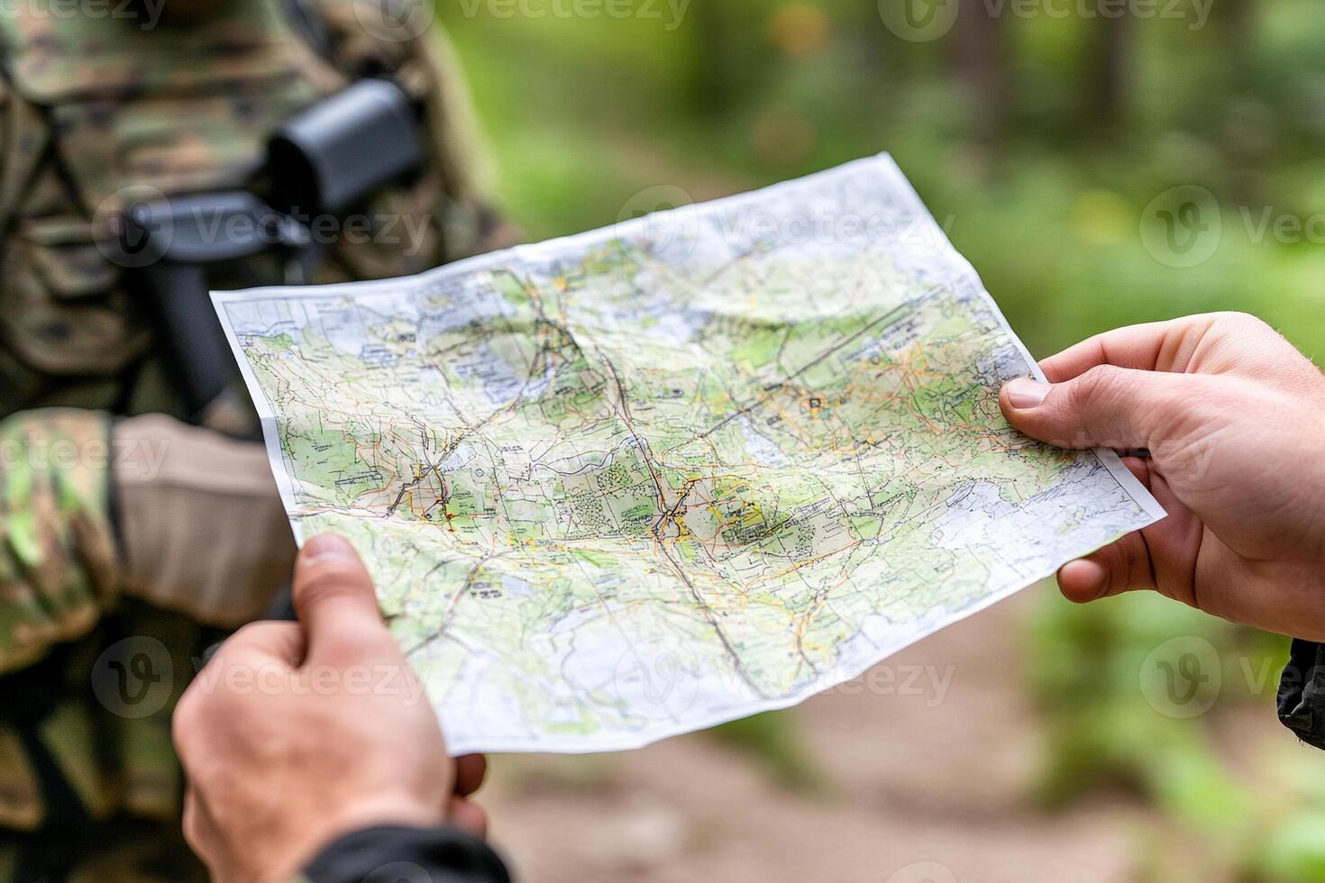 A soldier holding a map in front of another soldier photo