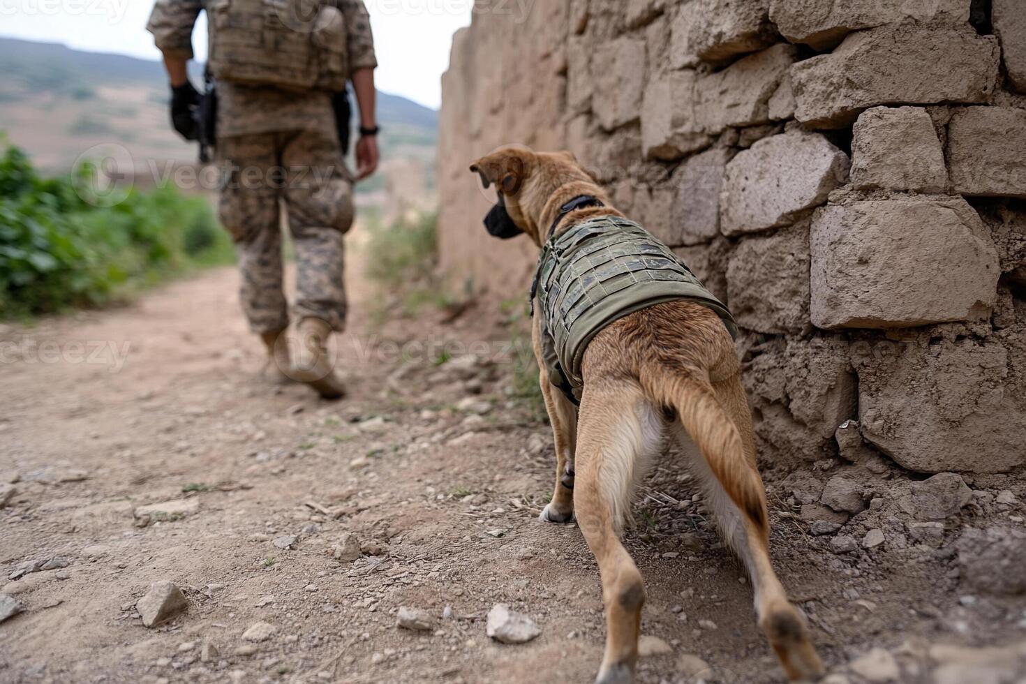 A dog wearing a vest walks behind a soldier photo