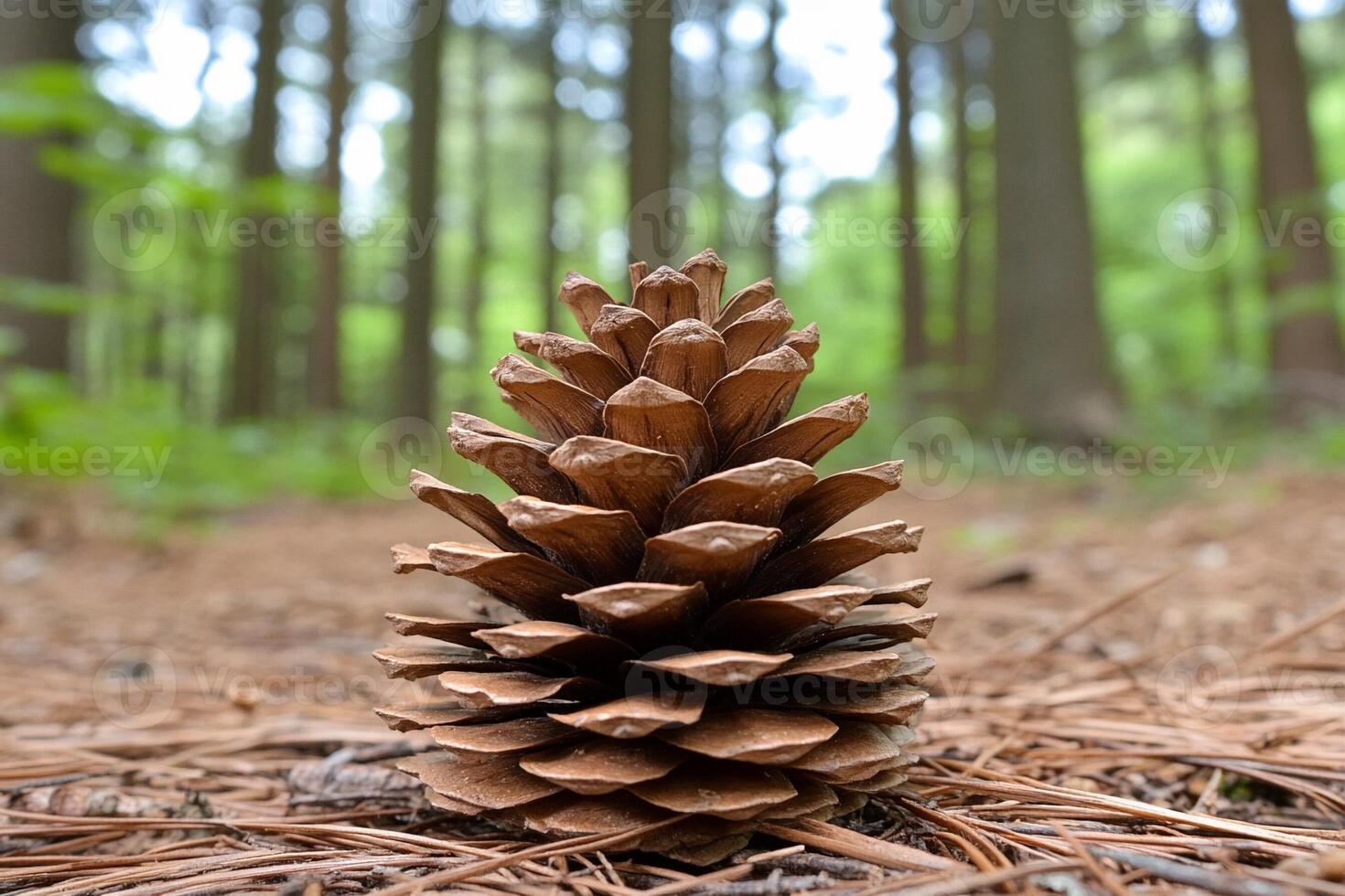 A pine cone sits in the middle of a forest photo