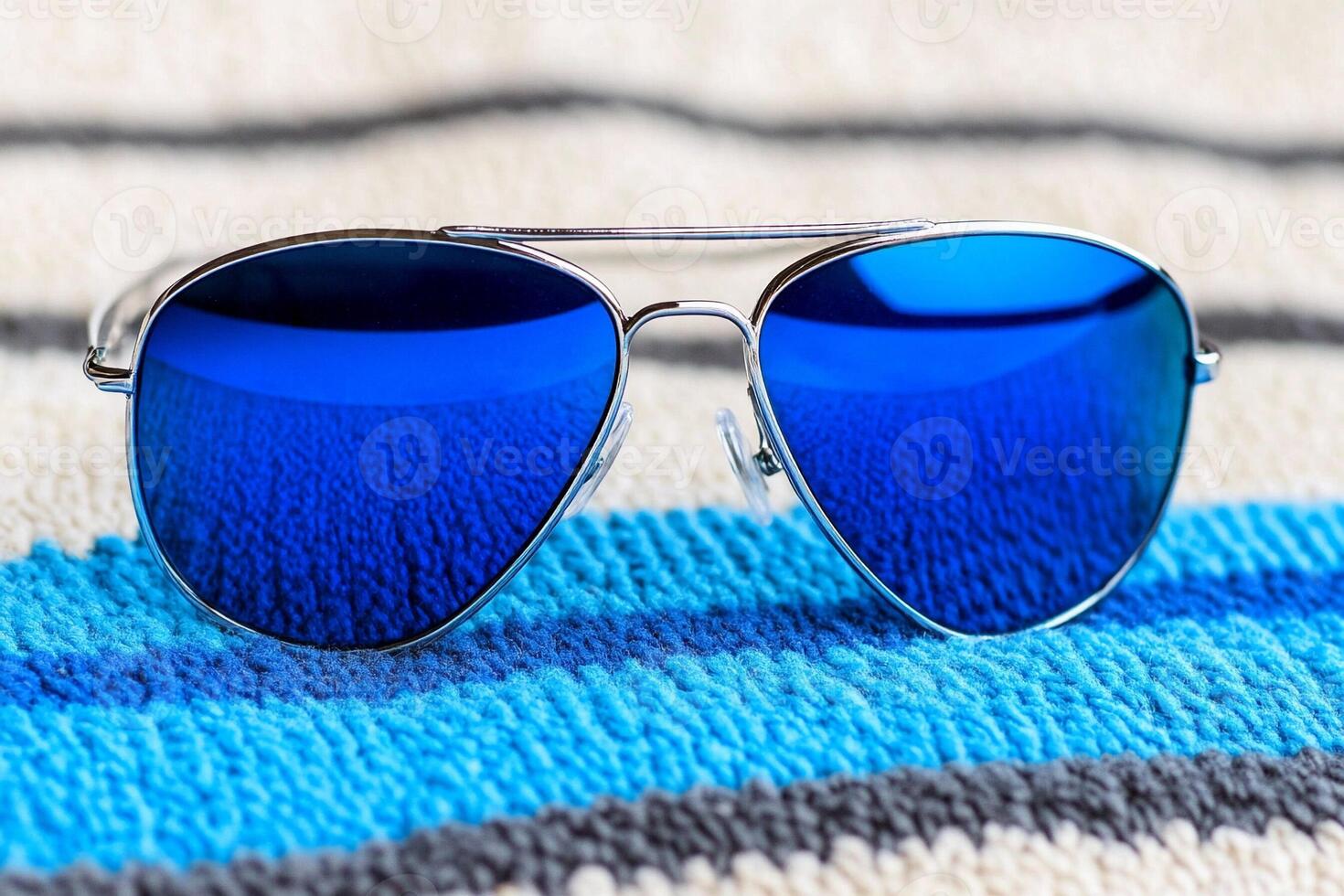 Blue sunglasses on a striped towel photo
