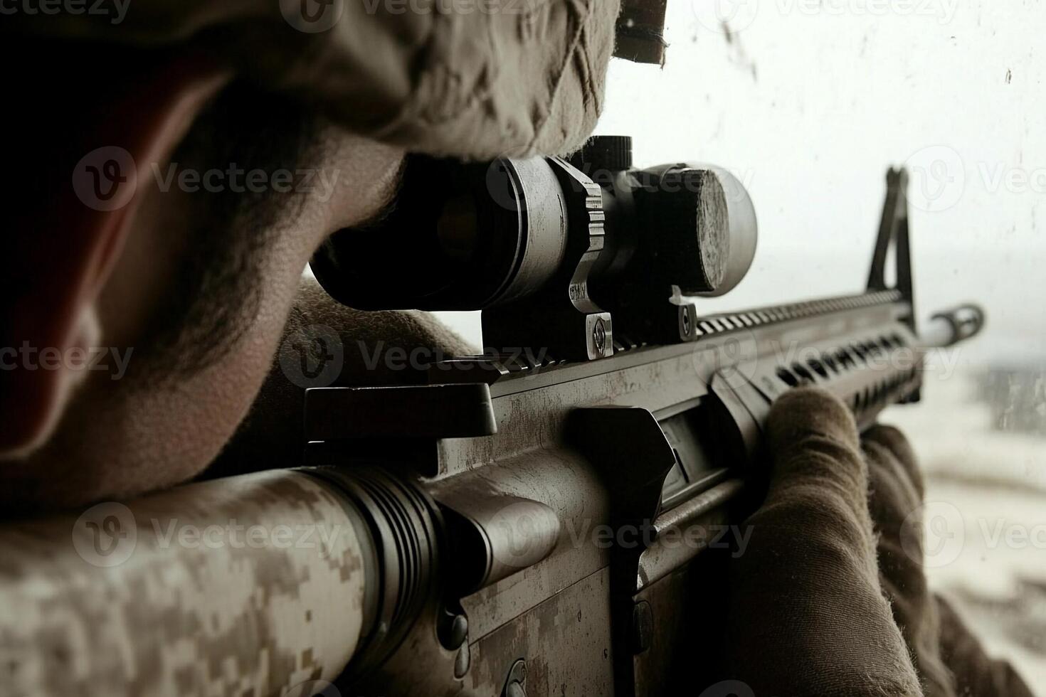 A soldier is aiming at a target photo