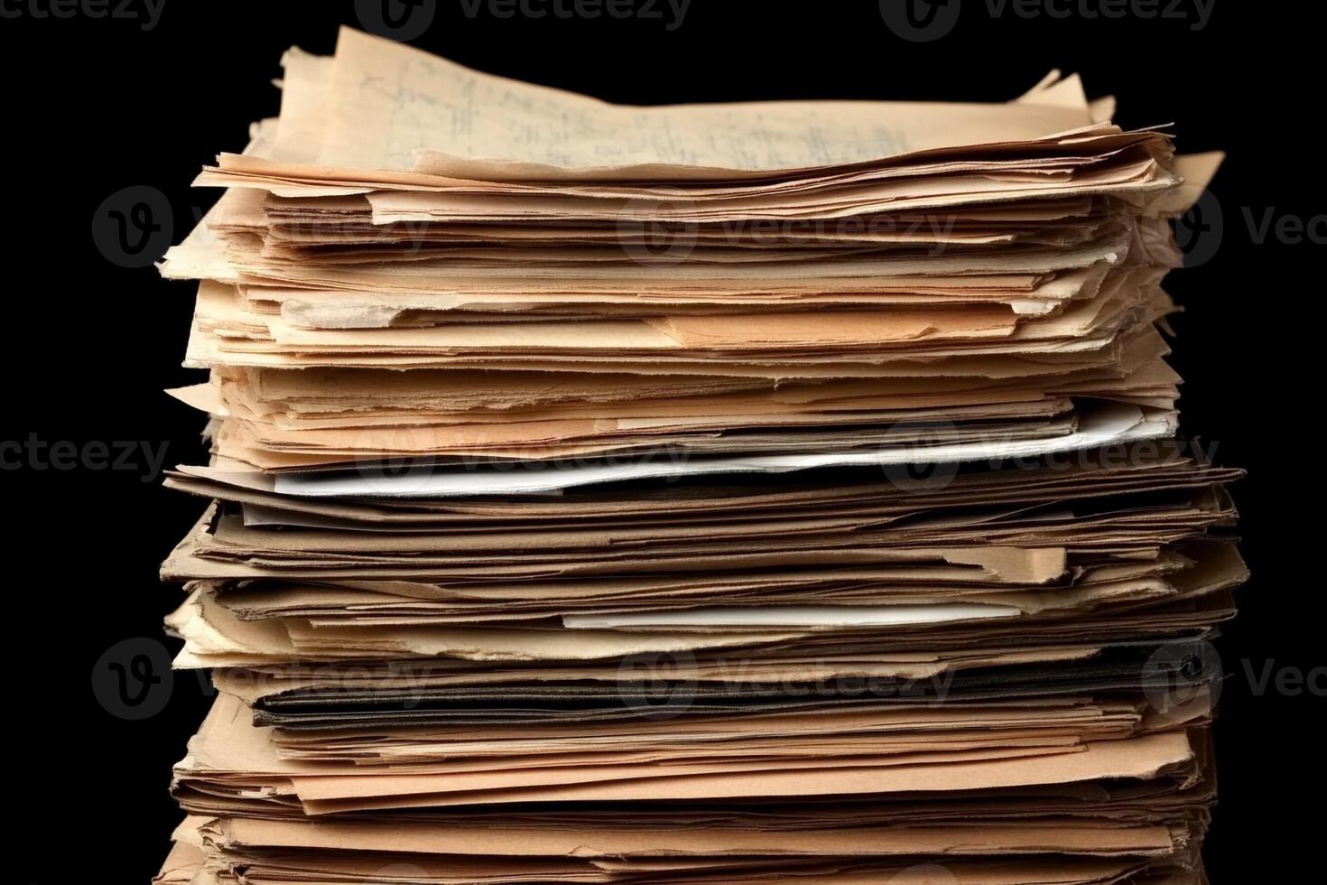 A stack of old papers on a black background photo