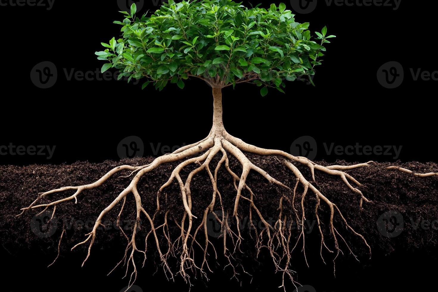 A tree with roots on a black background photo