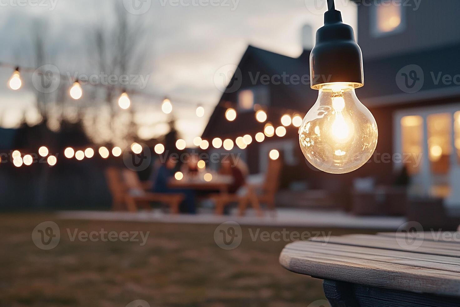 A light bulb is hanging from a string of lights photo