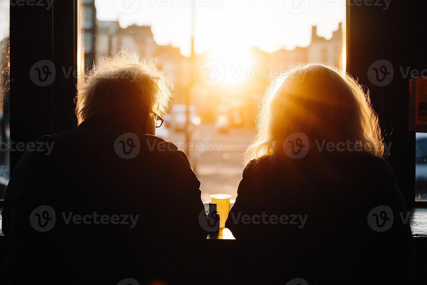 Two people sitting at a table looking out the window at the sun photo