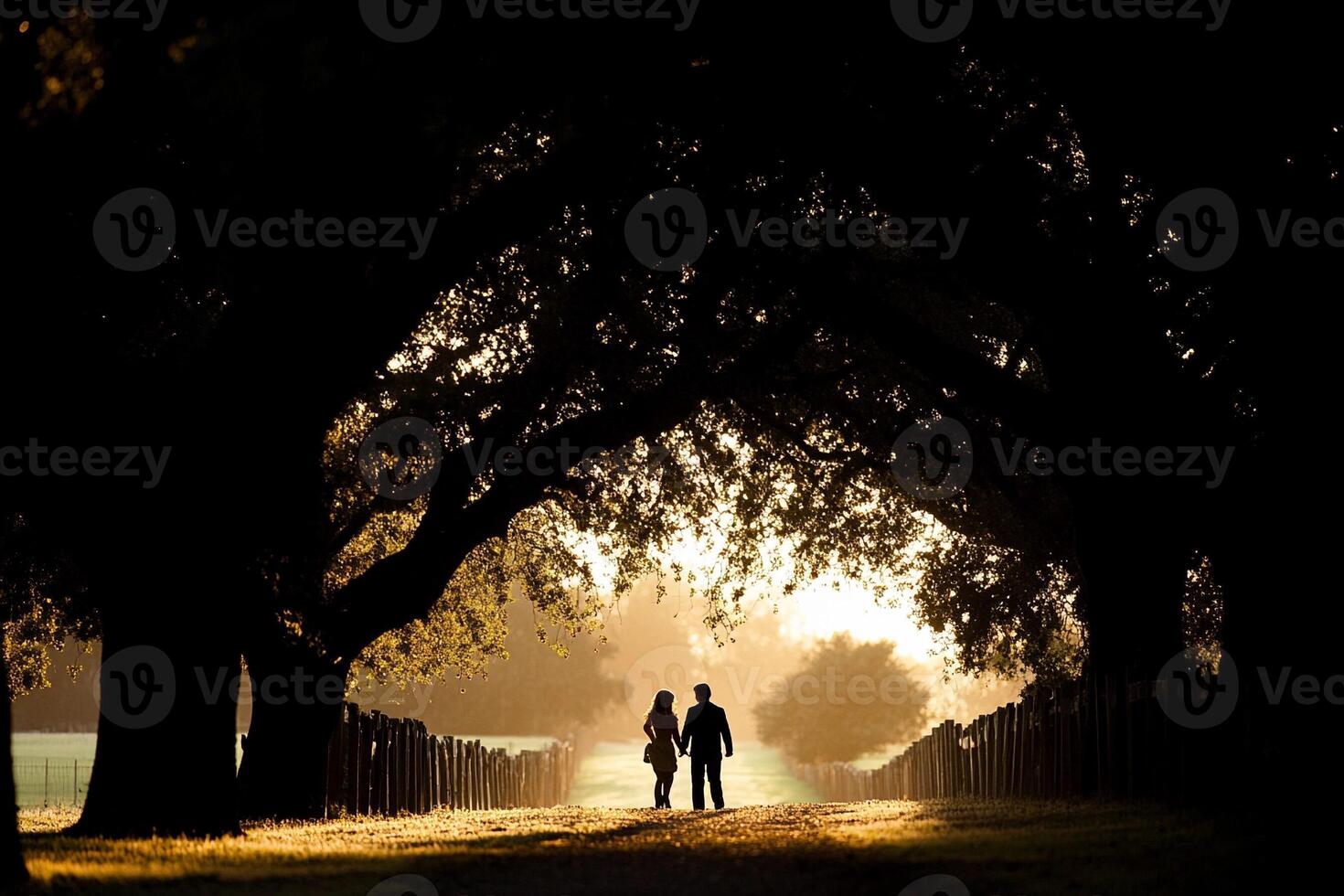 A couple walking through an archway at sunset photo