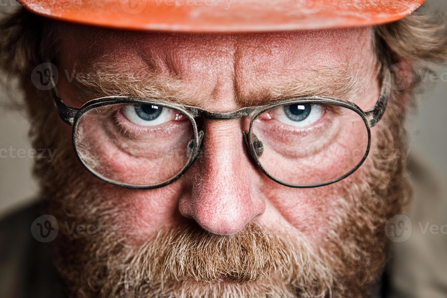 A man with a beard and glasses wearing an orange hard hat photo