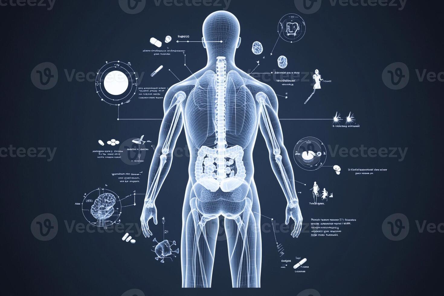 Human body anatomy diagram with organs and organs on a dark background photo