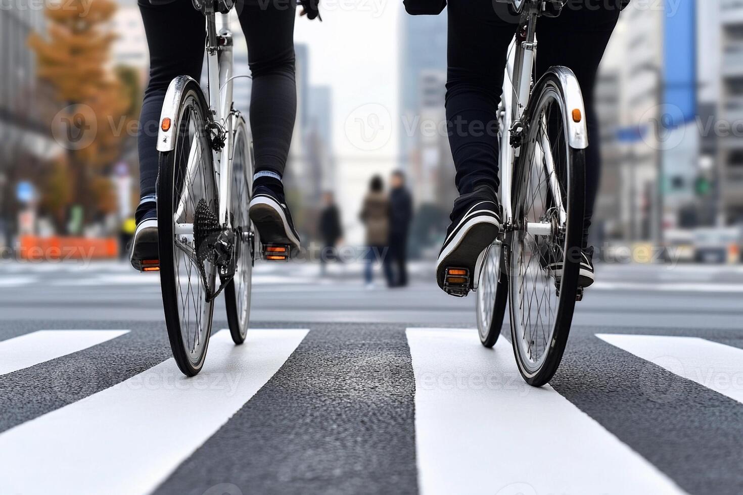 Two people riding bicycles on a crosswalk photo