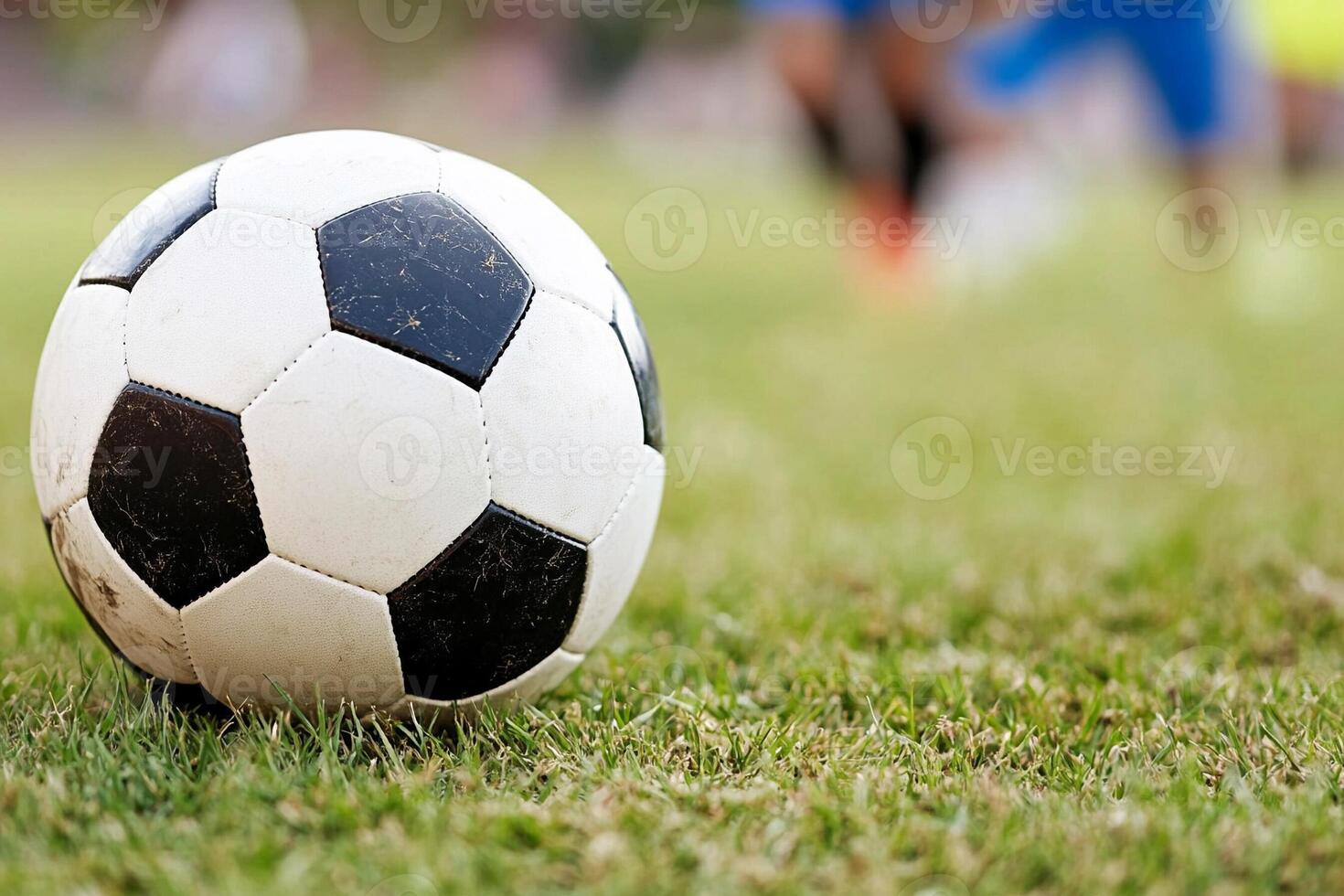 A soccer ball on the grass in front of a soccer field photo