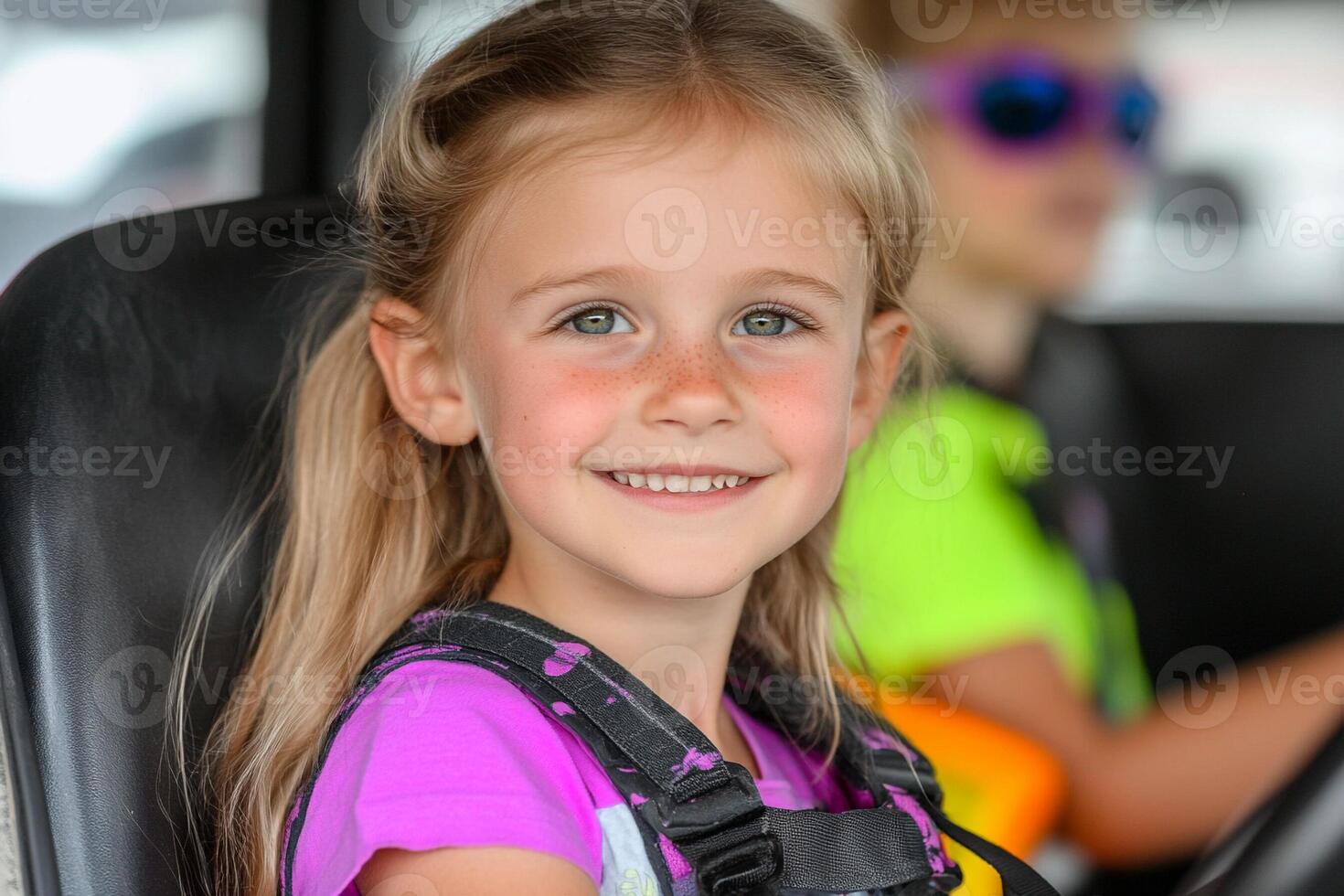 A young girl sitting in the driver's seat of a car photo