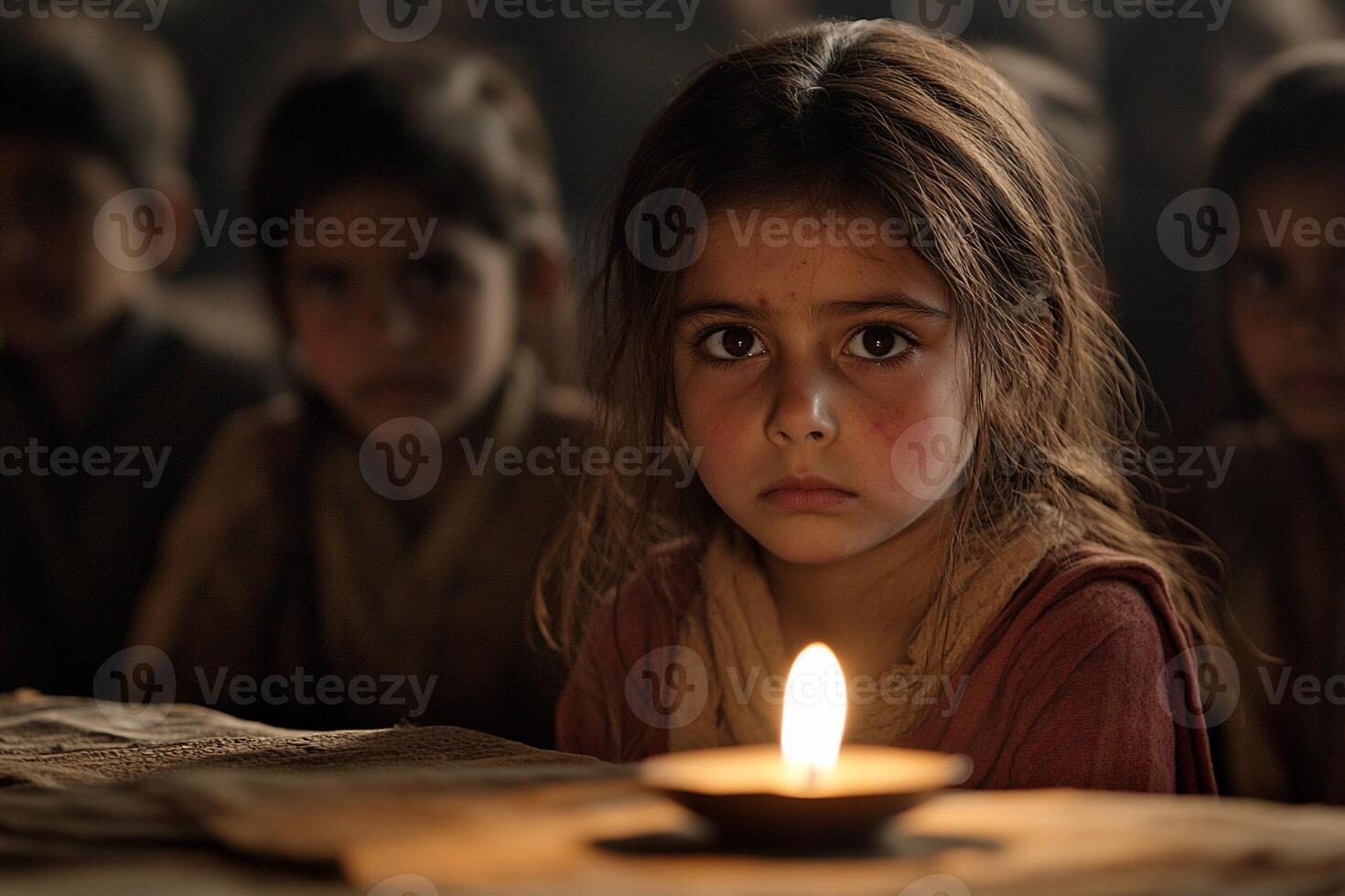 A young girl is looking at a candle in front of a group of children photo