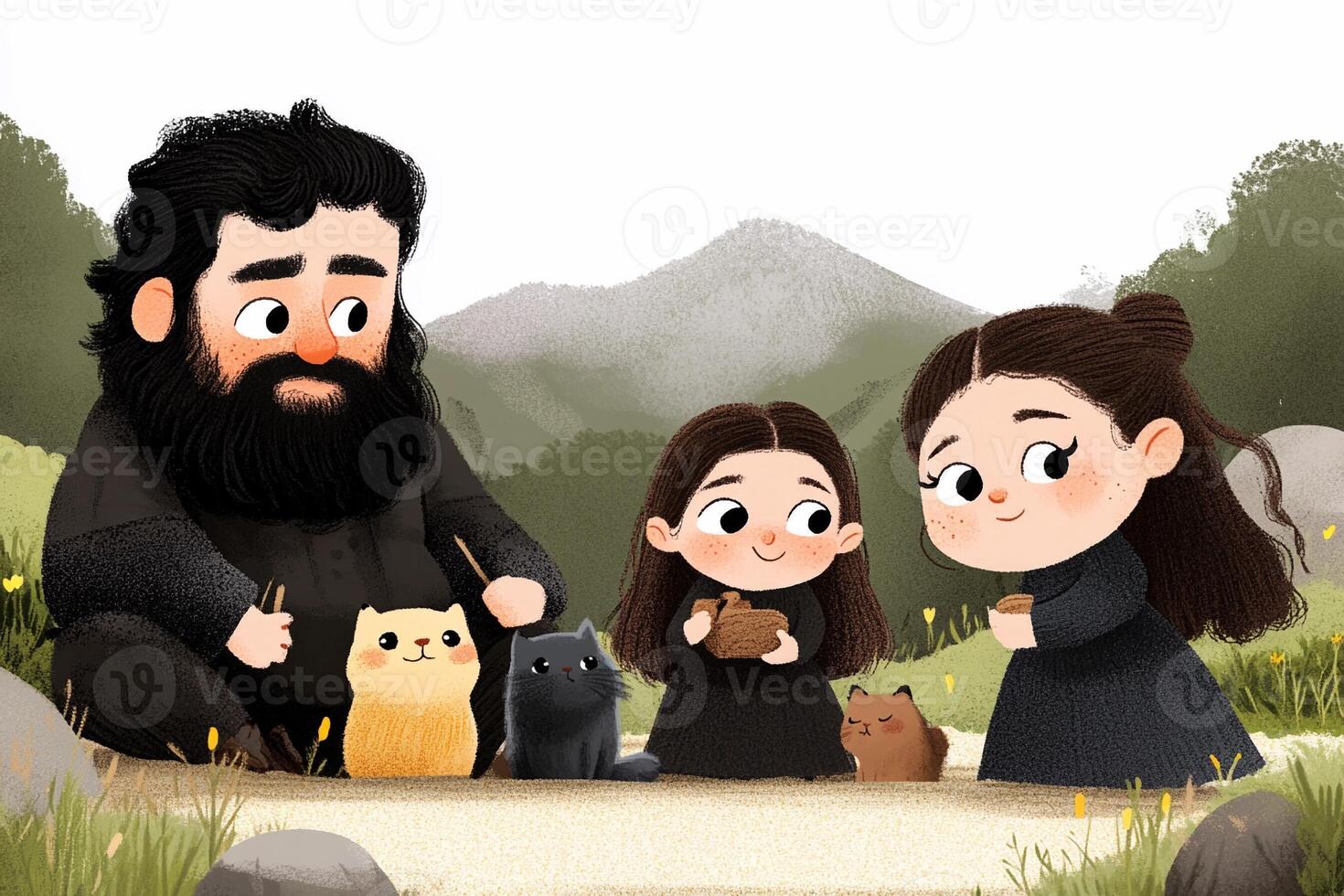 A cartoon family with cats and a dog photo