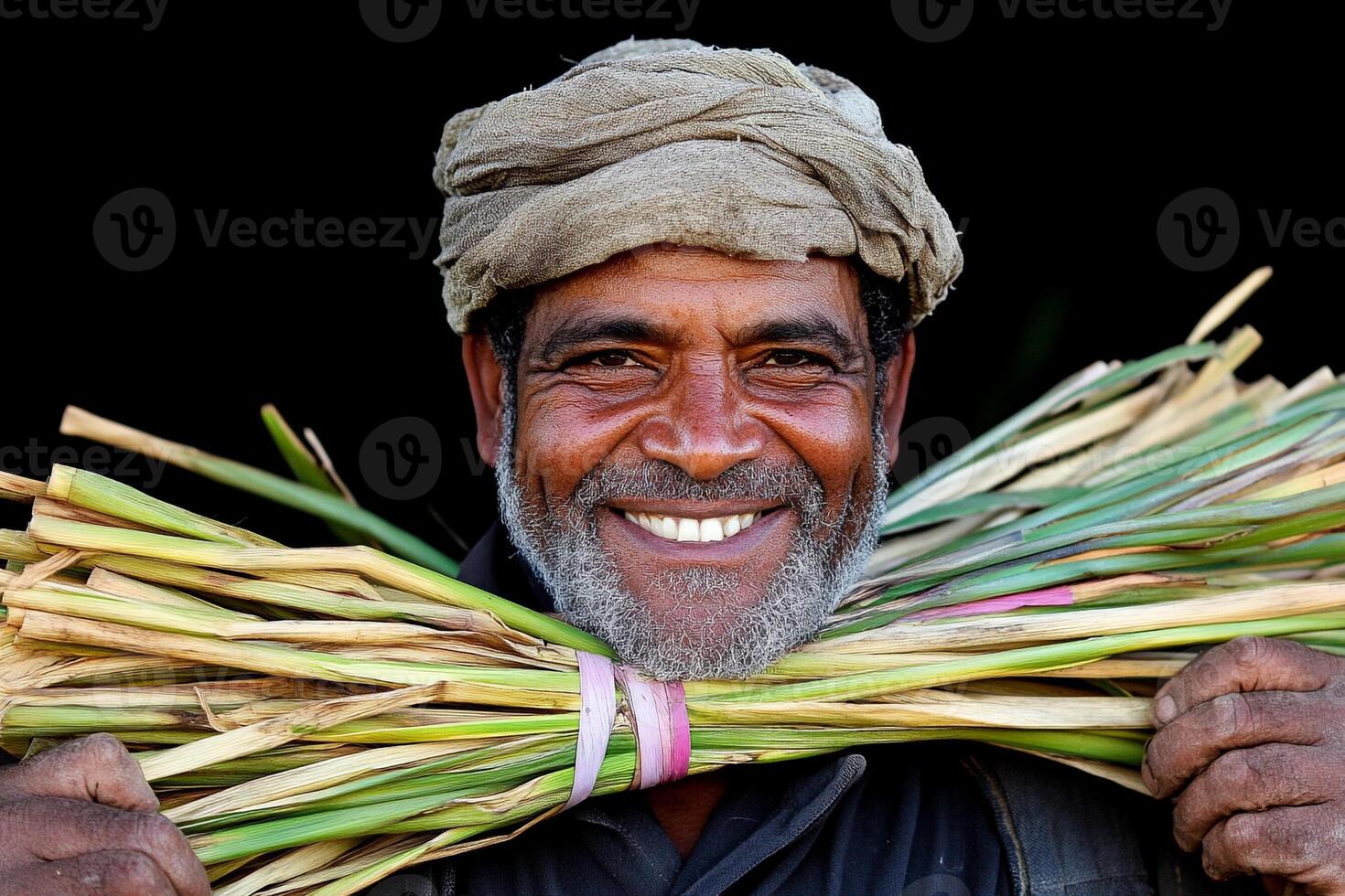 A man is smiling while holding a bundle of grass photo