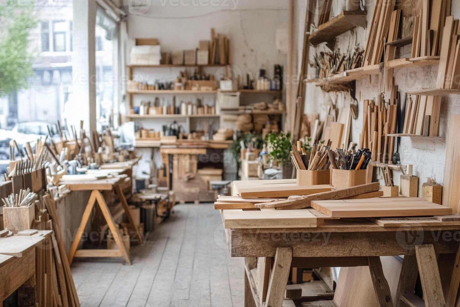 A room with many wooden items on the shelves photo